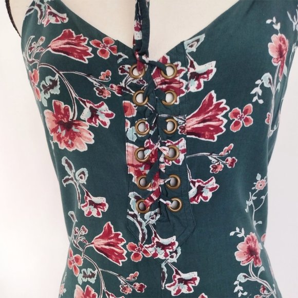 Forever 21 Green Lace-Up Floral Cami Open Back Romper Size S - Picture 10 of 14